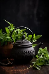 Foto op Aluminium Traditional iron asian teapot with mint for tea © thejokercze