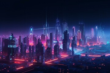 Nighttime cityscape with vibrant neon lights and futuristic high-rise buildings. Generative AI - obrazy, fototapety, plakaty