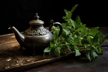 Traditional iron asian teapot with mint for tea