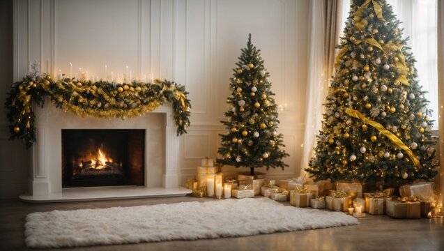 fireplace with christmas tree and decorations in white room