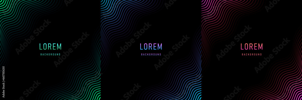 Wall mural set of abstract pink, blue and green wavy lines pattern in corner on black background with copy spac