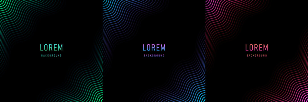 Set of abstract pink, blue and green wavy lines pattern in corner on black background with copy space. Collection of illuminate wave line neon color in futuristic technology concept. Vector EPS10.