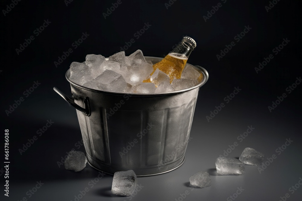 Poster bucket with icy cold beer. container with ice cubes and beer bottles. generate ai