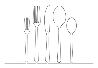  Continuous single line drawing. Fork, spoons, knife plates and all eating and cooking utensils, can be used for restaurant logos, cakes, business cards, banners and others. Vector illustration. 