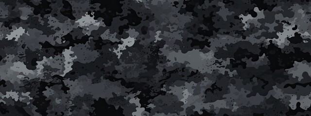 Seamless rough textured military, hunting or paintball camouflage pattern in a dark black and grey night palette. Tileable abstract contemporary classic camo fashion textile surface design texture - obrazy, fototapety, plakaty