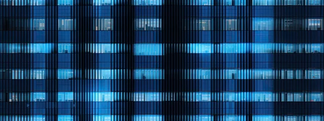 Foto op Plexiglas Seamless skyscraper facade with blue tinted windows and blinds at night. Modern abstract office building background texture with glowing lights against dark black exterior walls © Eli Berr