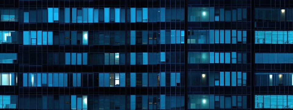 Seamless skyscraper facade with blue tinted windows and blinds at night. Modern abstract office building background texture with glowing lights against dark black exterior walls