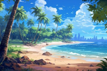 An inspiring beach with anime-style palm trees overlooking the ocean. Generative AI