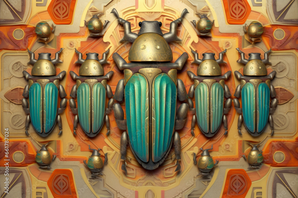Poster An image showcasing abstract representations of scarabs, beetles revered in Ancient Egyptian culture, with symmetrical patterns and earthy tones