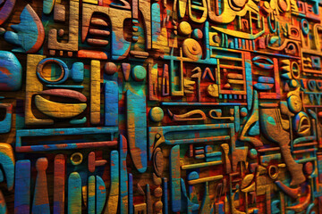 An abstract depiction of ancient Egyptian hieroglyphics, with stylized symbols and vibrant colors. 