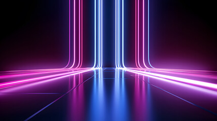 abstract neon background with ascending pink and blue glowing lines. Fantastic wallpaper with colorful laser rays