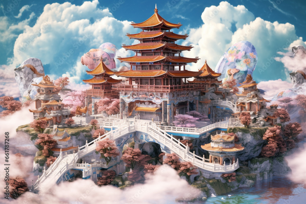 Poster An abstract portrayal of the mythical Heavenly Palace, with celestial patterns and ethereal colors. 