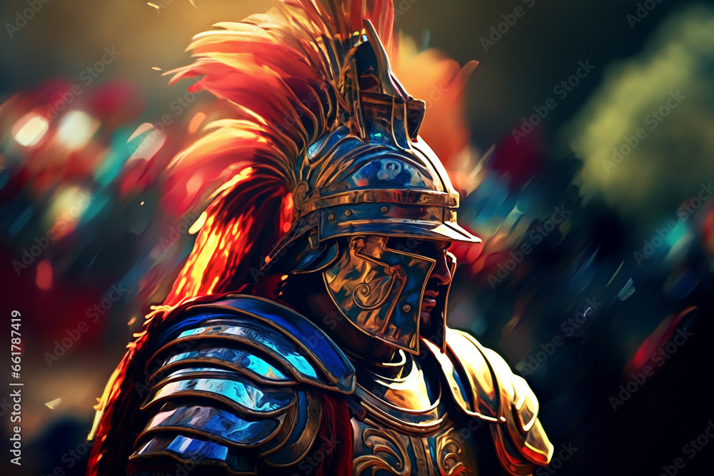 Poster an abstract portrayal of a roman legionnaire, with angular lines and metallic tones.