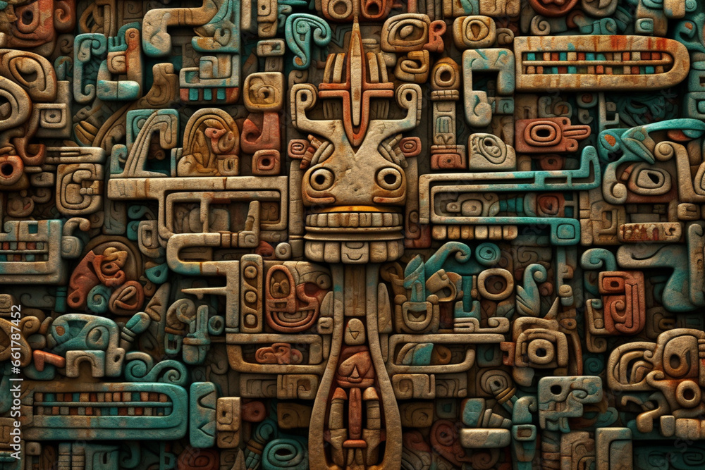 Leinwandbilder an image featuring abstract interpretations of maya hieroglyphic writing, with intricate symbols and