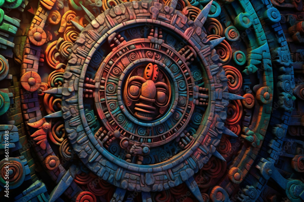 Aufkleber an abstract portrayal of the maya calendar, with circular patterns and vibrant hues.