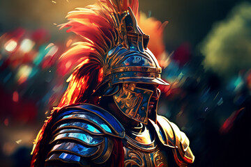 An abstract portrayal of a Roman legionnaire, with angular lines and metallic tones. 