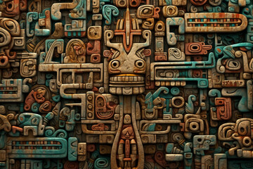 An image featuring abstract interpretations of Maya hieroglyphic writing, with intricate symbols and earthy tones.