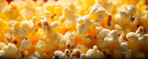 Close up popcorn texture. Movie, food concept. Wallpaper, background, template. AI generated image.  - obrazy, fototapety, plakaty