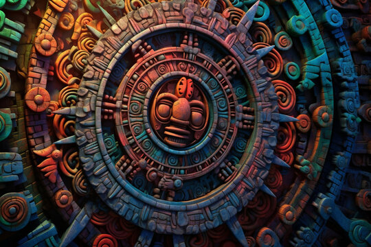 An abstract portrayal of the Maya calendar, with circular patterns and vibrant hues. 