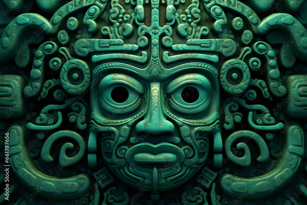 Fototapete an image showcasing abstract interpretations of olmec jade art, with intricate patterns and vibrant 