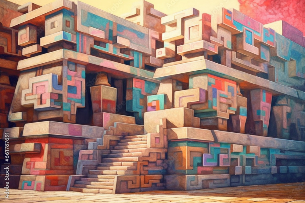 Poster An abstract depiction of Olmec monumental architecture, with geometric forms and a harmonious color scheme.  