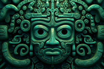 An image showcasing abstract interpretations of Olmec jade art, with intricate patterns and vibrant green hues.  