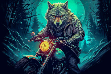Cool biker wolf riding motorcycle. Hard rock dark fantasy character illustration