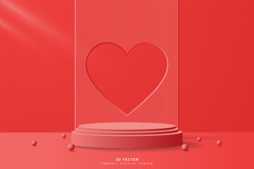 Red 3D cylinder podium pedestal realistic with heart shape hole or window on backdrop and sphere balls. Valentine day scene for promotion and advertise product. 3D vector geometric platform design - obrazy, fototapety, plakaty