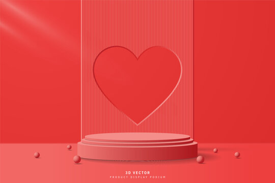 Red 3D cylinder podium pedestal realistic with heart shape hole or window on backdrop and sphere balls. Valentine day scene for promotion and advertise product. 3D vector geometric platform design