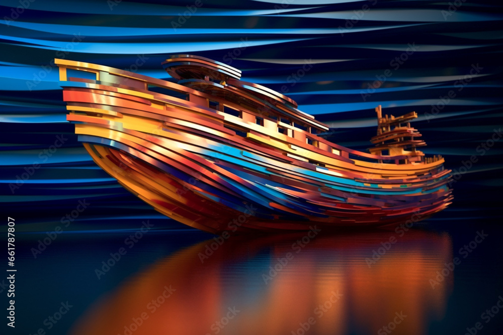 Poster an abstract portrayal of a phoenician ship, with sleek lines and a dynamic composition.