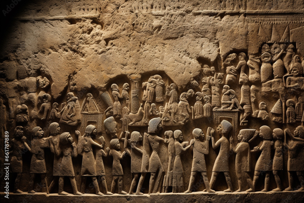 Poster an image showcasing abstract interpretations of hittite rock reliefs, with carved lines and textured