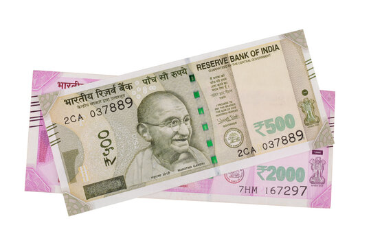 Top view of indian currency note isolated on white background with clipping path