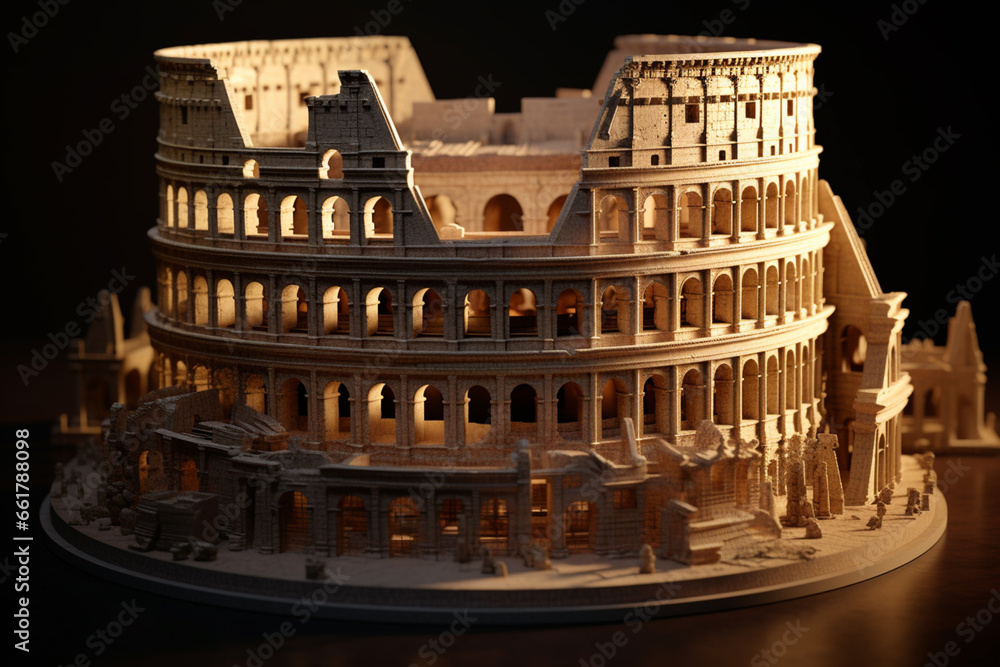 Poster a digital sculpture of the colosseum created using 3d modeling software. the image showcases the int