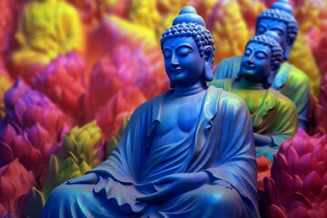 An abstract interpretation of Kushan Buddha statues, with serene forms and soothing colors.  