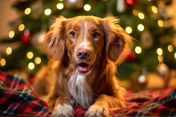 Happy dog ​​in front of a Christmas tree