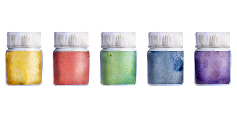 Watercolor hand drawn illustration, kids children paint materials supplies, mix color bottle with cap, closed lid stationery. Single object isolated on white. For school, shop, party, cards, website