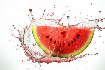 A watermelon slice splashes water on a white background, with light red and light gray hues.