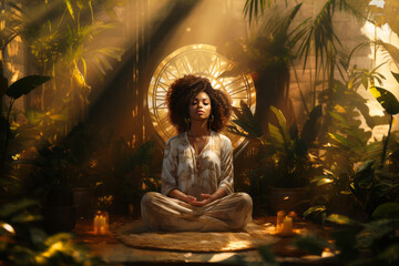 A young girl meditates in the jungle with tones of dark white and light amber, blending tradition and exoticism, portrayed in a photorealistic manner.