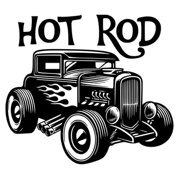 Hot rod retro car vector illustration. Vintage hot rod custom car. Classic hot rod car illustration for t-shirt design, print, emblem, logo, sticker, poster