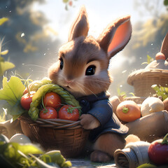 Fototapeta na wymiar Illustration of a rabbit in Purple shirt enjoys juicy Tomatoes - Ai Artwork