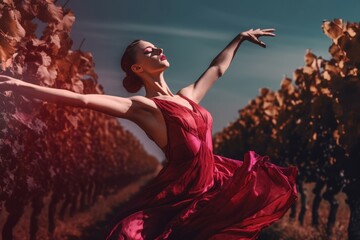Female dancer in red dress. Dancing sensual performance of elegant woman. Generate ai