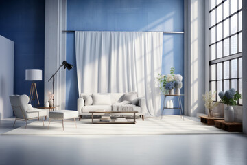 A 3D white studio space with a vintage cinematic look, emphasizing realistic light and shadow portrayal