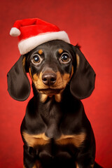 Portrait of cute Dachshund dog with Santa Claus Christmas hat in front of red background