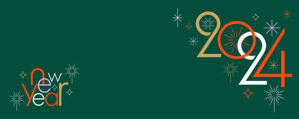 Happy New Year 2024 concept poster in abstract geometric retro style on green background - obrazy, fototapety, plakaty