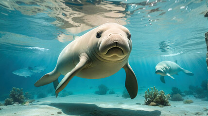 Calm dugong near the ocean surface Cute marine