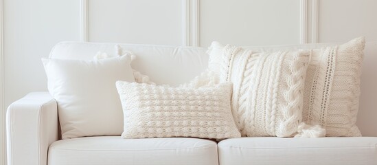 Scandinavian home with cozy interior featuring macrame pillows and a knit blanket on the sofa With copyspace for text