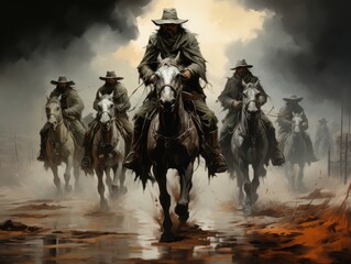 Cowboys on horseback in Comic style.