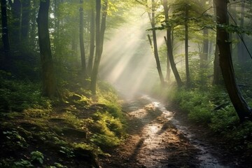Misty woodland enveloped in fog, adorned with a stone path gently lit by sun rays. Generative AI