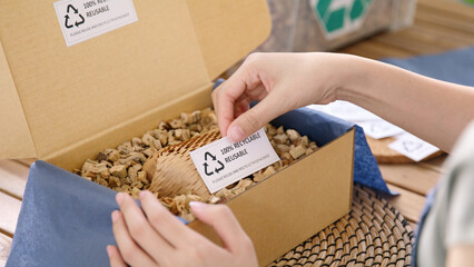 Eco vendor go green packaging parcel carton box in net zero waste store asian seller retail shop....