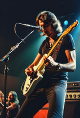 a rock band singer from the early 1970&acute;s during a concert on stage. generative ai